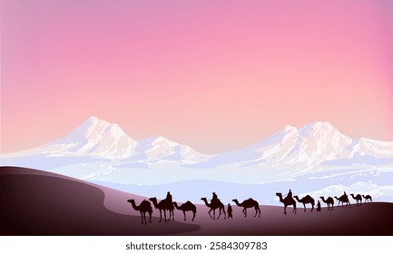 Camel caravan silhouettes going through the desert landsacpe vector illustration. Use for islamic background design, Ramadan Karrem, Eid Mubarak poster, cards, greeting, banner.