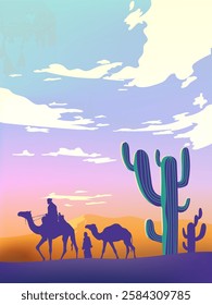 Camel caravan silhouettes going through the desert landsacpe vector illustration. Use for islamic background design, Ramadan Karrem, Eid Mubarak poster, cards, greeting, banner.