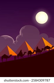 Camel caravan silhouettes going through the desert landsacpe vector illustration. Use for islamic background design, Ramadan Karrem, Eid Mubarak poster, cards, greeting, banner.