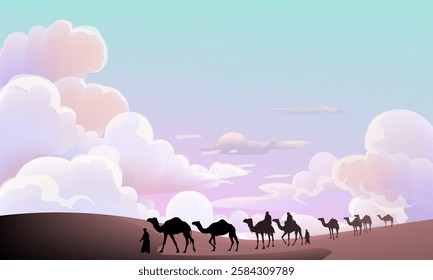 Camel caravan silhouettes going through the desert landsacpe vector illustration. Use for islamic background design, Ramadan Karrem, Eid Mubarak poster, cards, greeting, banner.