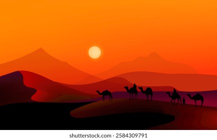 Camel caravan silhouettes going through the desert landsacpe vector illustration. Use for islamic background design, Ramadan Karrem, Eid Mubarak poster, cards, greeting, banner.