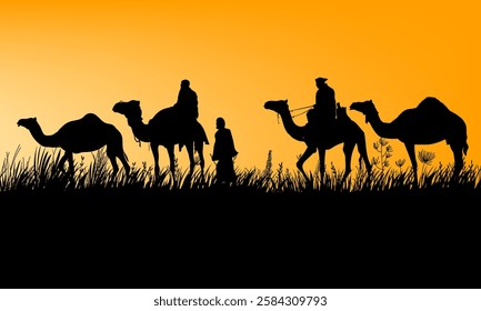 Camel caravan silhouettes going through the desert landsacpe vector illustration. Use for islamic background design, Ramadan Karrem, Eid Mubarak poster, cards, greeting, banner.