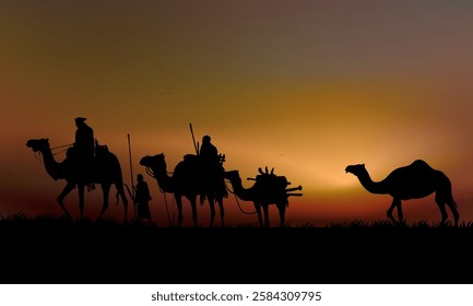 Camel caravan silhouettes going through the desert landsacpe vector illustration. Use for islamic background design, Ramadan Karrem, Eid Mubarak poster, cards, greeting, banner.