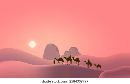 Camel caravan silhouettes going through the desert landsacpe vector illustration. Use for islamic background design, Ramadan Karrem, Eid Mubarak poster, cards, greeting, banner.