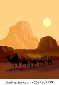 Camel caravan silhouettes going through the desert landsacpe vector illustration. Use for islamic background design, Ramadan Karrem, Eid Mubarak poster, cards, greeting, banner.