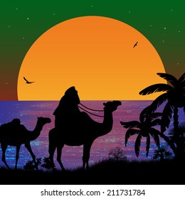 Camel caravan at sunset on the beach, vector illustration