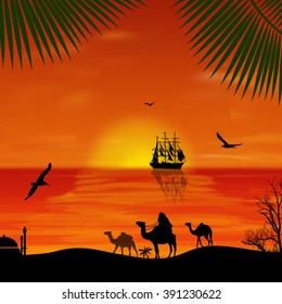 Camel caravan at sunset on the beach, vector illustration