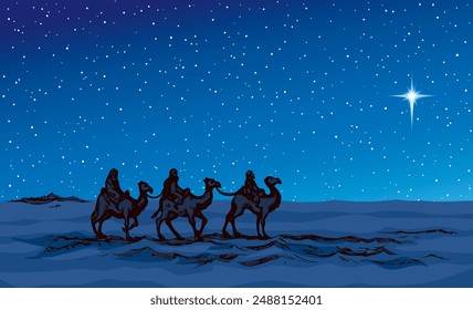 Camel caravan travels. Vector drawing