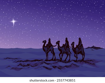 Camel caravan travels. Vector drawing