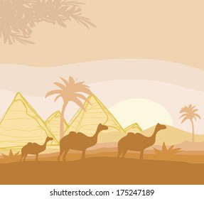 camel caravan in wild africa landscape illustration