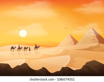 Camel caravan in wild Africa pyramids landscape at sunset background