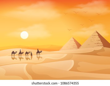 Camel caravan in wild Africa pyramids landscape at sunset background