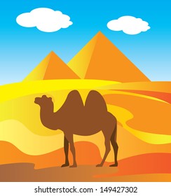 Camel caravan in wild Africa pyramids landscape background. Vector