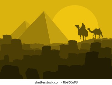 Camel caravan in wild Africa pyramids ruins landscape background illustration