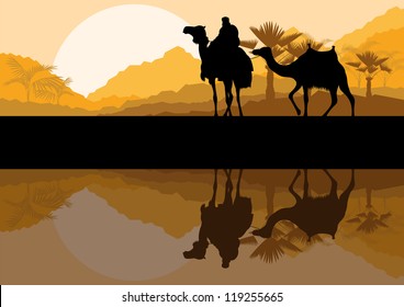 Camel caravan in wild desert mountain nature landscape background illustration vector