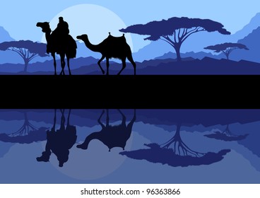 Camel caravan in wild mountain nature landscape background illustration vector