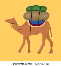Camel with cargo isolated on background. Vector illustration.