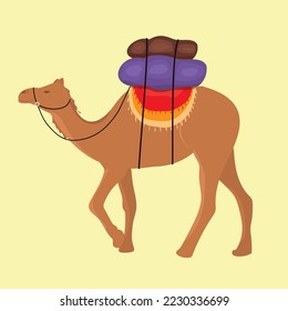 The camel is carrying a load isolated on a yellow background. Vector illustration.