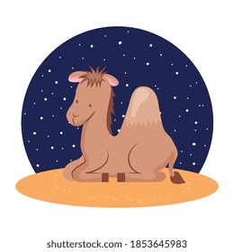 camel cartoon lying between starry night. vector cartoon
