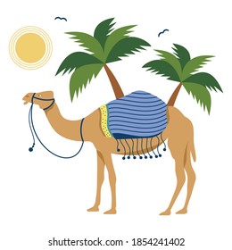 Camel cartoon vector illustration. Decorated camel with seat for a ride.
