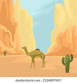 a camel with a cliff and desert background