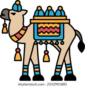 A camel with a colorful saddle and a red and yellow scarf on its neck. The camel has a look of defiance on its face