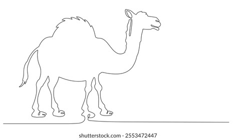 camel in continuous line style on a white background, vector illustration.