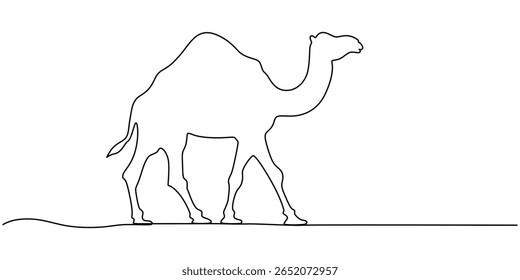 Camel continuous one line art drawing, Dromedary icon continuous one line drawing of outline vector illustration, Continuous line drawing of camel. Single line illustration of Arabian camel.