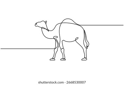 Camel continuous single line drawing, linear style, one line art, minimal design, Animal in black linear sketch isolated on white background. Vector illustration.