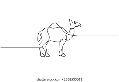 Camel continuous single line drawing, linear style, one line art, minimal design, Animal in black linear sketch isolated on white background. Vector illustration.