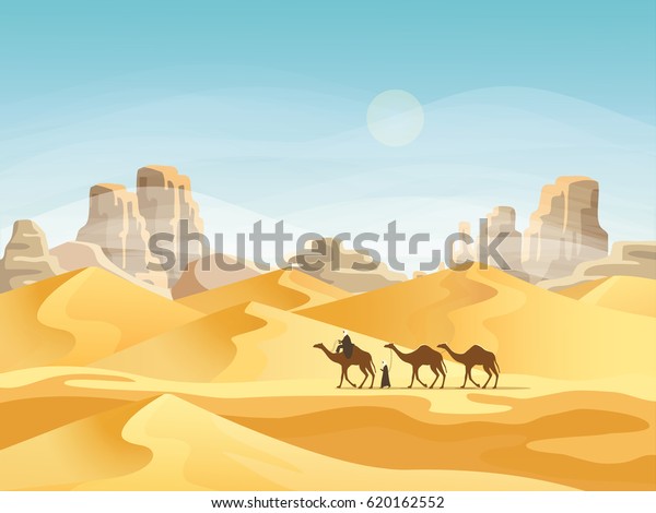Camel convoy with arabic people in desert with\
mountains. Caravan on desert meadow at sunset, panoramic and\
outside view on wild nature. Landscape and journey, travel and\
africa, tourism theme