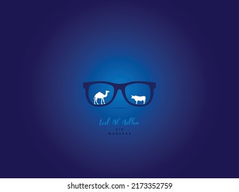 Camel, cow and eye galss. Eid ul adha vector concept. isolated on blue background.
