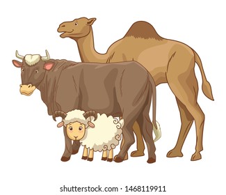 Camel cow and goat animals cartoons vector illustration graphic design