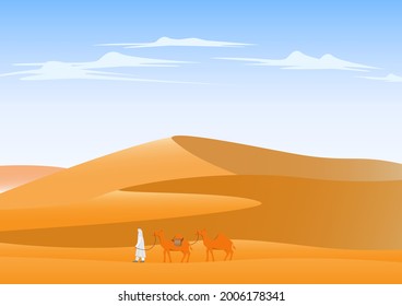 Camel crossing desert landscape background