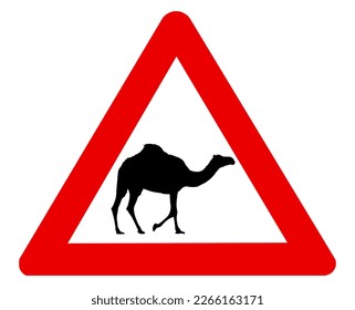 Camel crossing warning road sign. Vector illustration of camel caution traffic sign. Hazard attention red triangle mark.