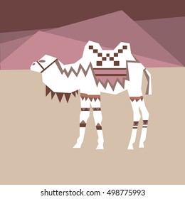 Camel decorated with dark patterns on the background of the mountains. Vector.