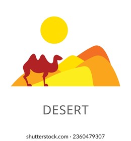 Camel in desert as African symbol flat vector icon. Cartoon drawing or illustration of traditional symbol on white background. Traveling, vacation, tourism, Africa concept