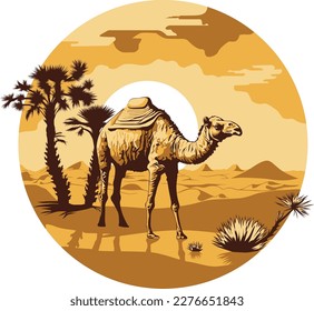 A camel in the desert against a backdrop of palm trees