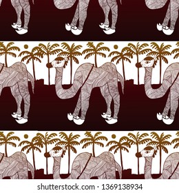 Camel in desert among the palms vector pattern