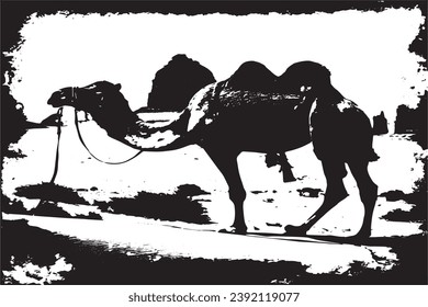 camel in desert black grungy texture vector illustration