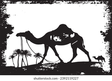 camel in desert black grungy texture vector illustration