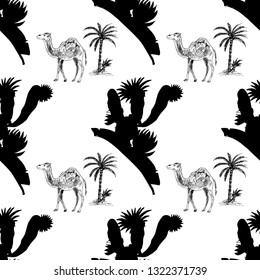 Camel in the desert and cacti. Seamless pattern. Vector illustration.