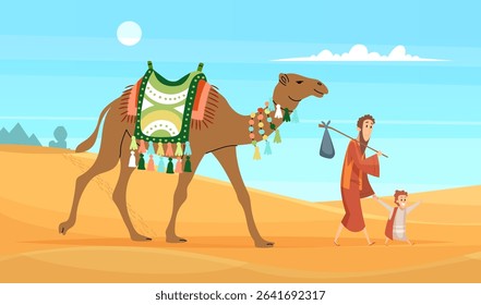 Camel in desert. characters walking in desert with camel. Cartoon background