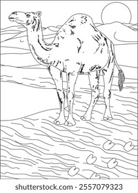 Camel in desert coloring page illustration vector