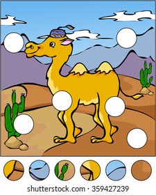 A camel in a desert. Complete the puzzle and find the missing parts of the picture. Vector illustration. Educational game for kids