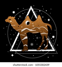 Camel and desert double exposure tattoo art style. Sacred geometry. Isolated vintage vector illustration