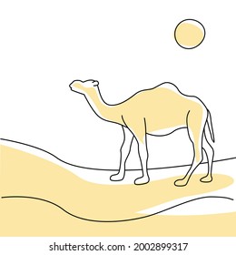 Camel in the desert drawn by a black line on a white background with yellow spots. Line art. Vector.