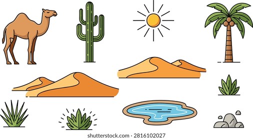 Camel and Desert Elements Set with Sand Dunes, Cactus, Palm Tree, Sun, and Water Hole in Flat Vector Style