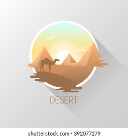 Camel in the desert. Flat style. Vector illustration.