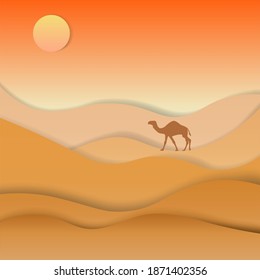 Camel in desert. Landscape. Paper cut style card, background for covers, invitations, posters, banners, flyers, placards. Vector illustration.